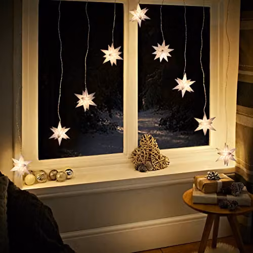 The Christmas Workshop 3D Star Curtain Lights, Warm White, Battery Operated, 2m – 4