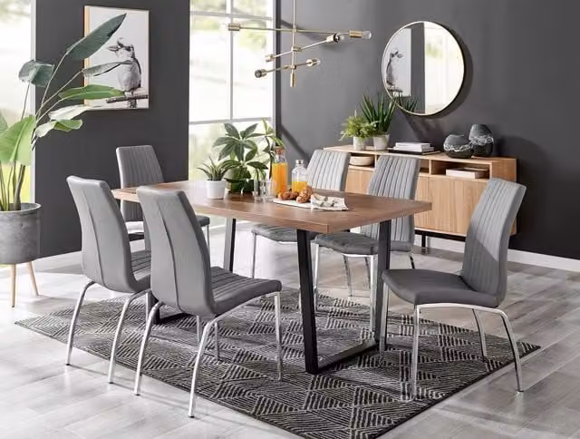 FurnitureboxUK Kylo Brown Wood Effect Rectangular Dining Table and 6 Grey Isco Faux Leather Chairs – 1