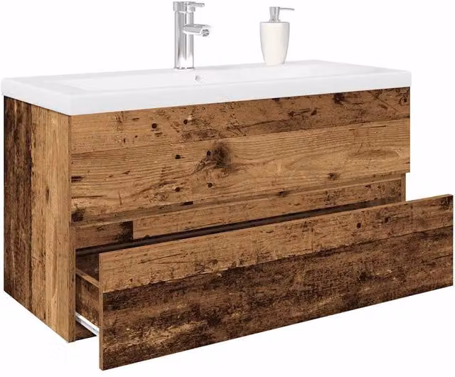Berkfield Home Rustic Wall Mounted Sink Cabinet with Built-in Basin and Faucet in Brown Old Wood