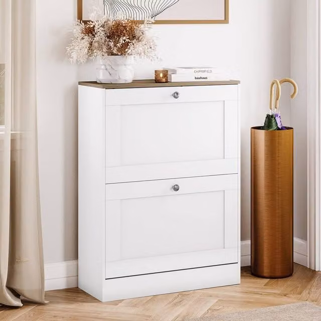 HD Designs Modern White 2 Drawer Flip Down Shoe Cabinet with Tilting Compartments – 1