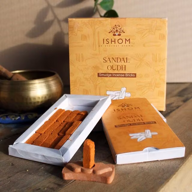 KDMK Pack of 15 Natural Sandalwood Incense Smudge Bricks with Yellow Ceramic Tabletop Burner