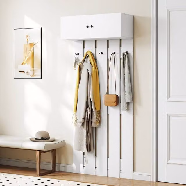 Costway Wall Mounted Entryway Coat Rack in White with Rubberwood and Metal Construction