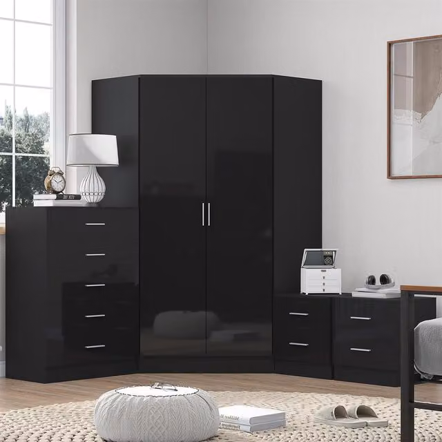 REFLECT Bedroom Furniture Bundle in Black Gloss and Matt Black featuring Corner Wardrobe, Chest of Drawers and 2x 2-Drawer Bedside Tables