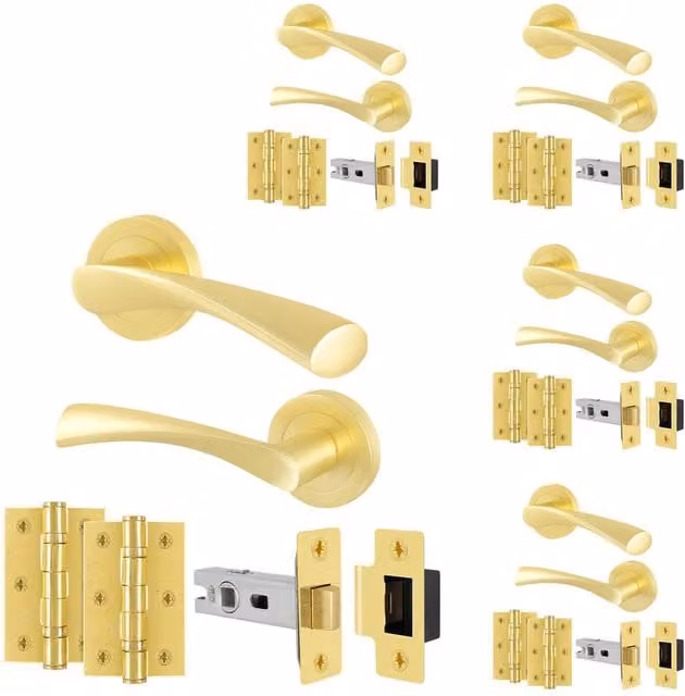 AFIT Novi Satin Brass Door Handle Rose, Latch and Hinges Set in Gold, Rosette Diameter: 100 mm – 1