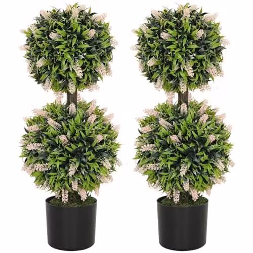 HOMCOM Set of 2 Pink Decorative Artificial Ball Trees in Concrete Pots, Height: 70 cm – 1