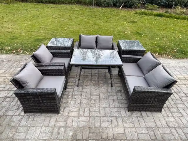 Fimous Rattan Garden Furniture Set with Rectangular Dining Table, Love Seat Sofa and 2 Side Tables in Dark Grey