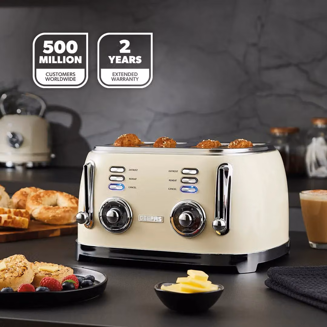 Geepas Retrovive 4-Slice Toaster 1500W with 6 Browning Levels, Defrost, Reheat and Cancel functions in Beige – 2