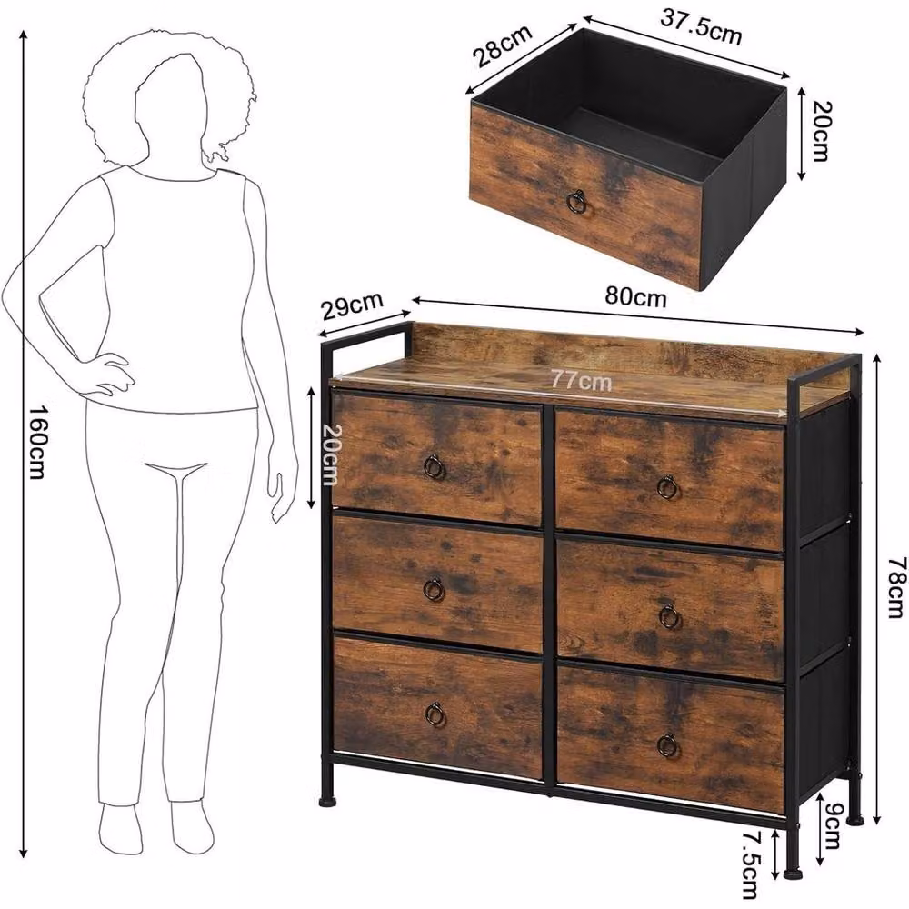 NESTLUNE Vintage Brown Chest of 6 Drawers, W: 100 cm, D: 15 cm – 6
