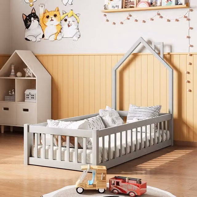 Livingandhome House-Shaped Childrens Bed Frame in Grey Solid Pine Wood