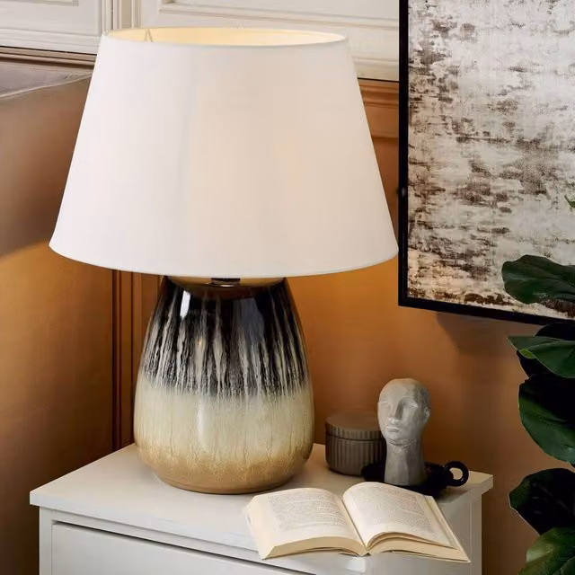 Wyld and Coco Grey Ceramic Table Lamp with White Fabric Cone Shade, Height: 63 cm – 1