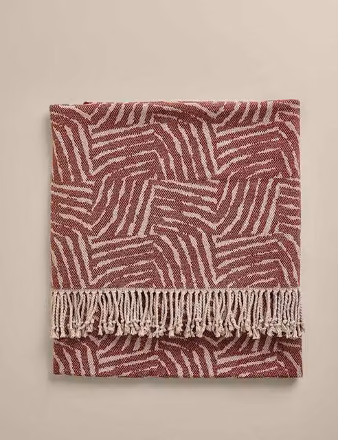 M&S Geometric Cotton Rich Woven Throw with Fringes in Chestnut Brown and Red