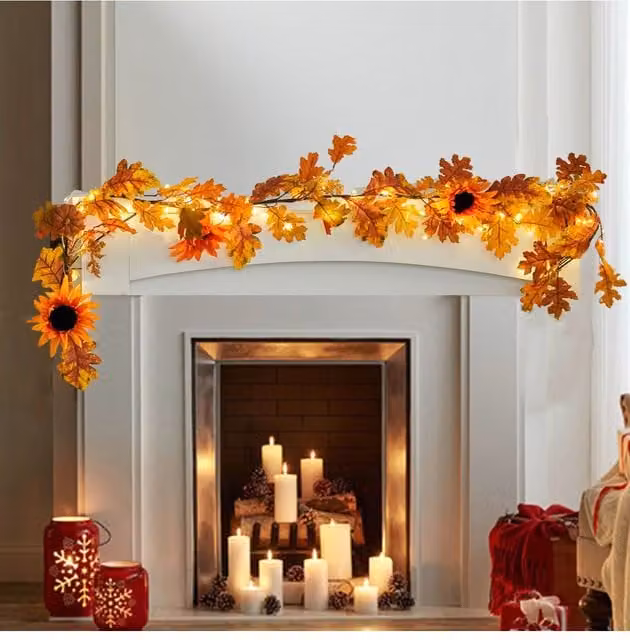 Living and Home Artificial Orange Sunflower Autumn Garland with Warm White LED Lights