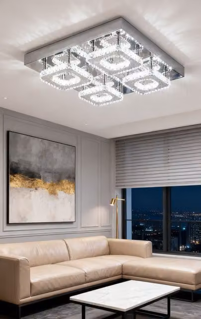 Living and Home Square Crystal Cluster LED Ceiling Light in Silver and Transparent – 1