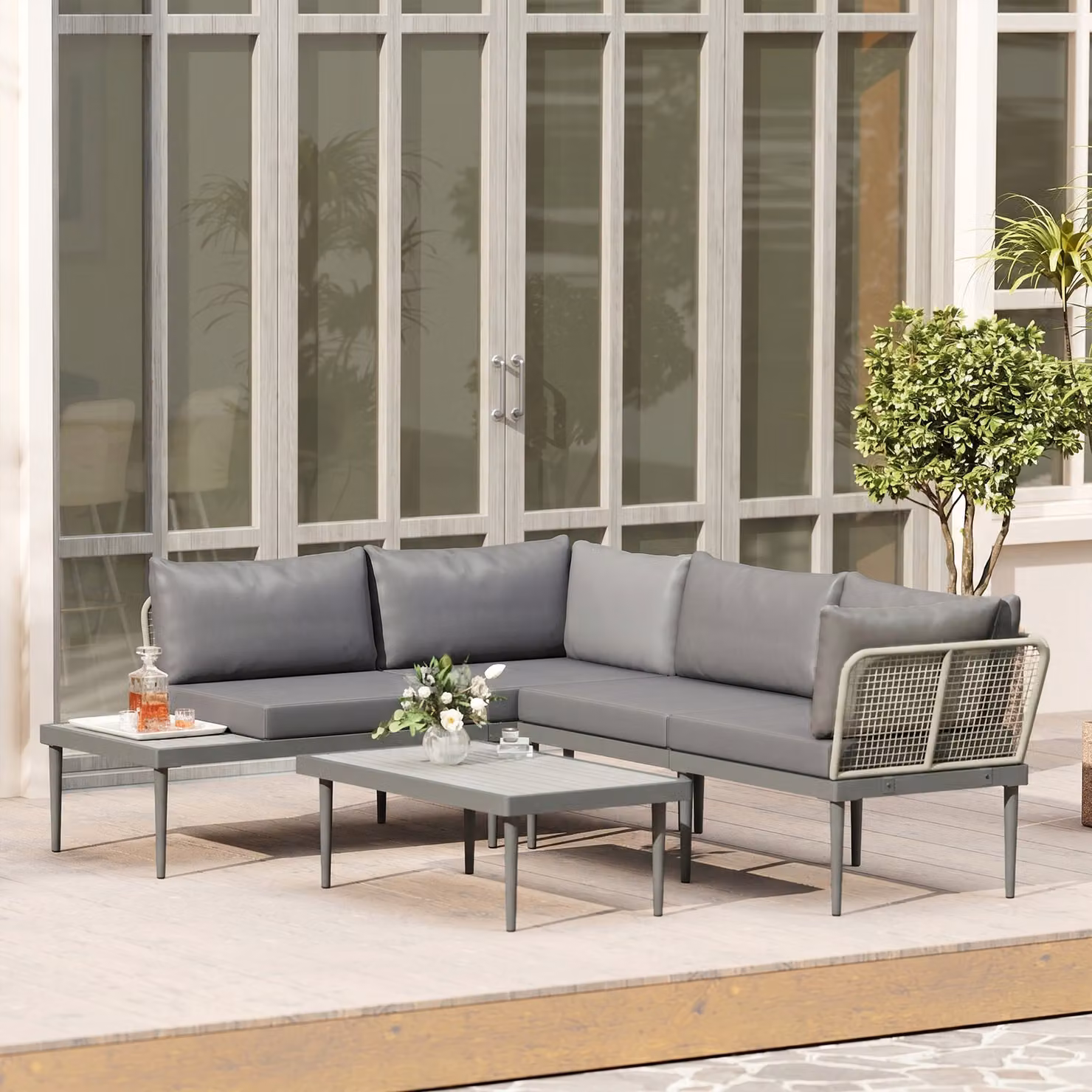 Outsunny Three-Piece L-Shaped Rattan Sofa Set with Upholstered Cushions and Coffee Table in Grey – 7