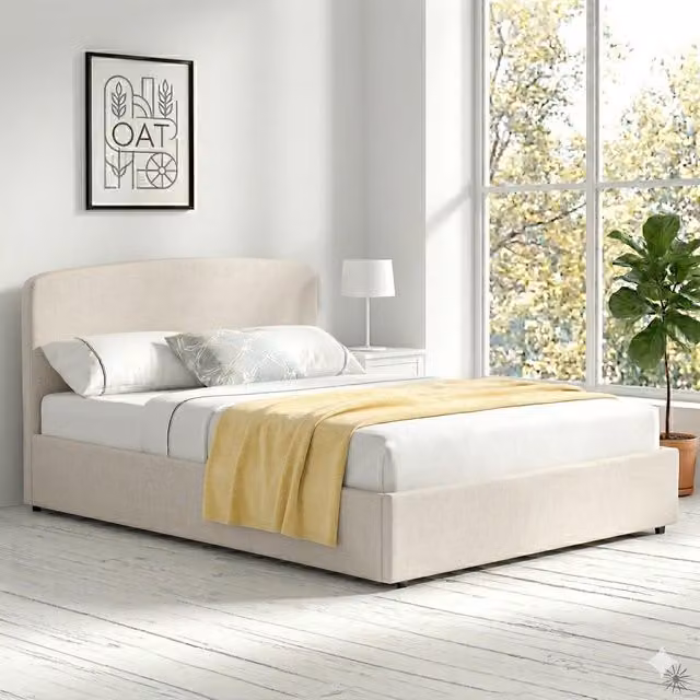 OAT Home Delamere Modern Low Headboard Upholstered Ottoman Storage Bed Frame in Beige/Brown, W/D/H: 140 x 200 cm