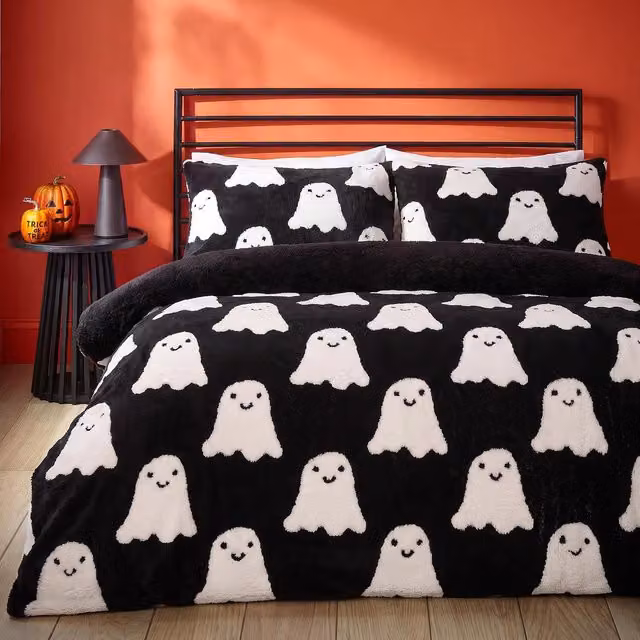 OHS Ghost Teddy Tufted Duvet Set with Pillowcase, Black and White, W: 140 cm, L: 200 cm