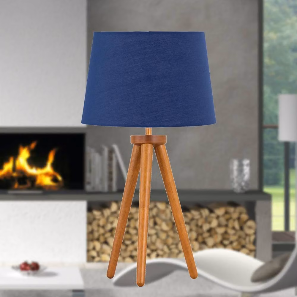 First Choice Lighting Voyage Table Lamp with Navy Blue Fabric Shade and Brown Wood Base – 2