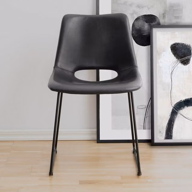 FWStyle Set of 2 Modern Black Faux Leather Dining Chairs with Black Metal Legs