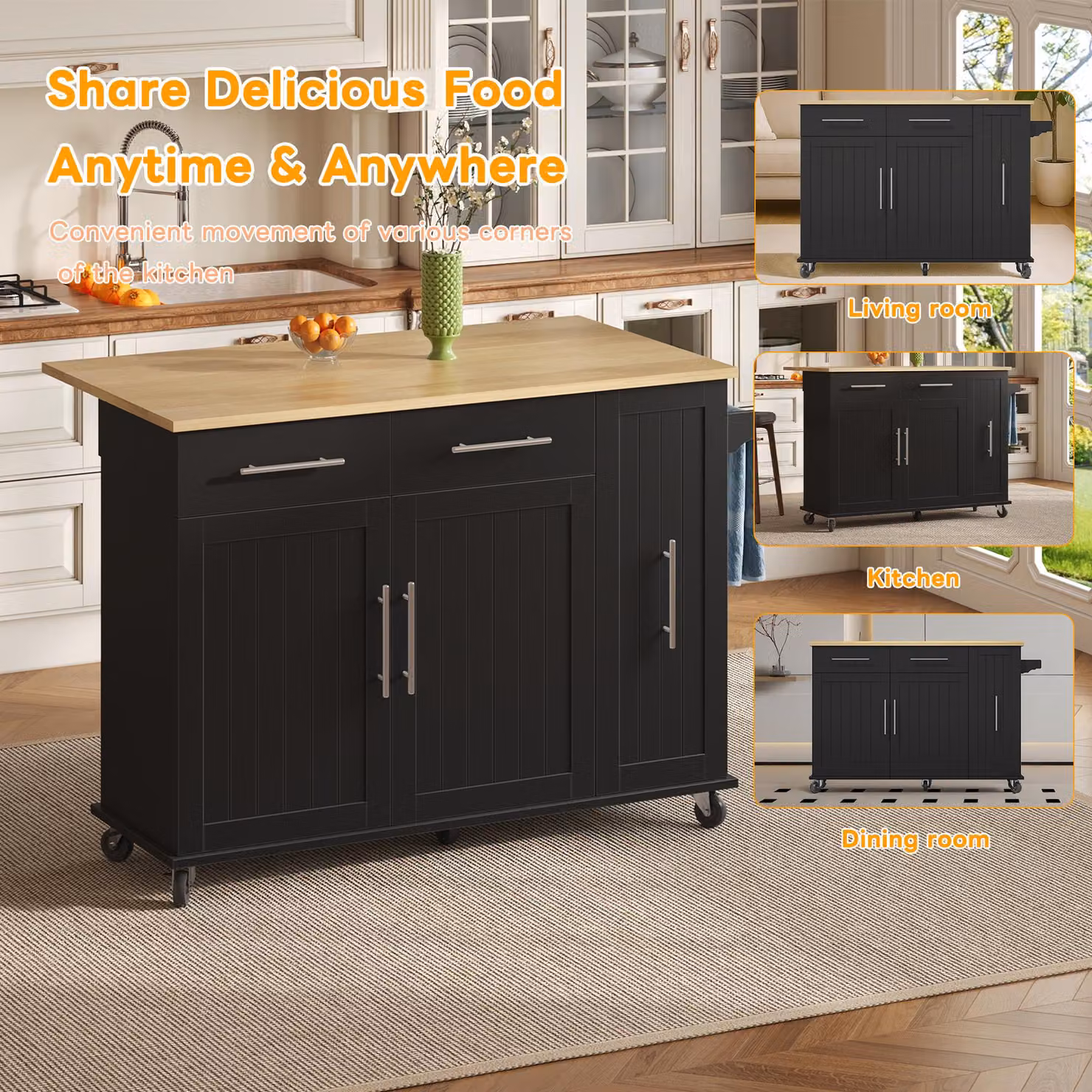 Aosom UK Modern Kitchen Trolley with Drop Leaf and Pull-Out Organiser in Black and Natural, W: 120 cm, D: 40 cm, H: 90 cm – 5