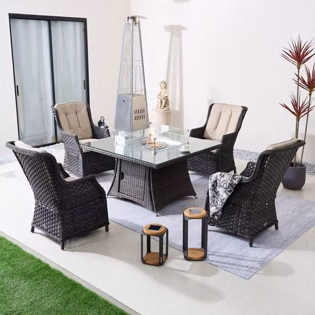 Direct Wicker 5-Piece Outdoor Dining Set with Square Fire Pit Table in Brown