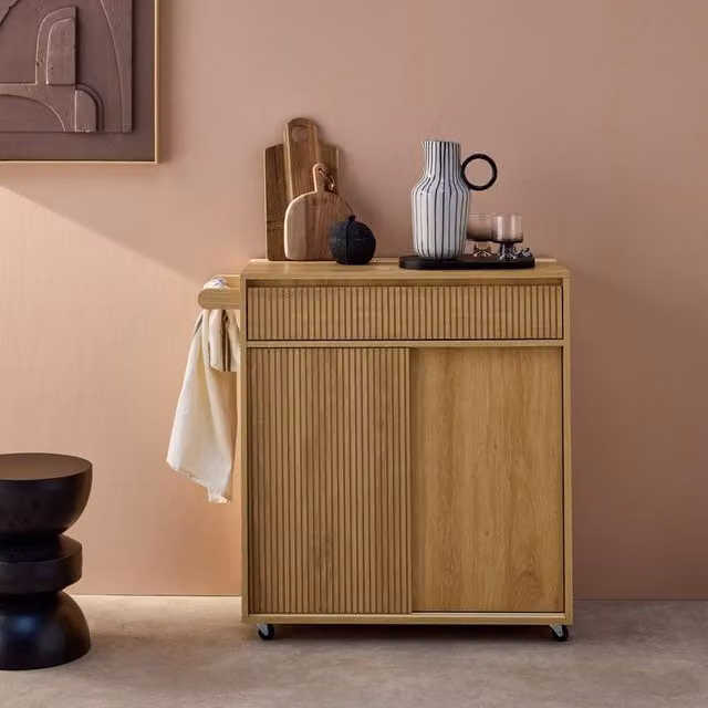 Sweekeec Scandinavian Style Wood Kitchen Cart with Drawer and Two Doors in Beige, W/D/H: 90 x 50 x 80 cm – 1