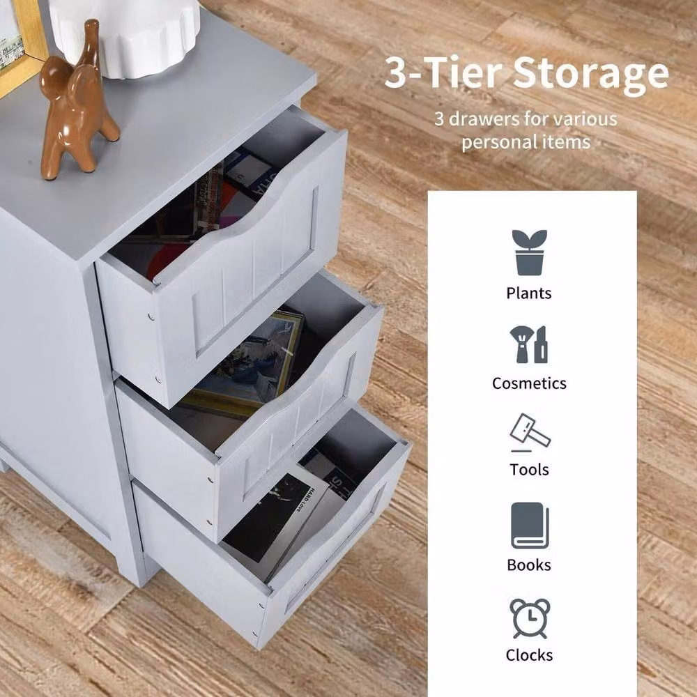 KORVIXA Grey Wood Bathroom Floor Cabinet with 3 Drawers, W: 70 cm, H: 75 cm – 4