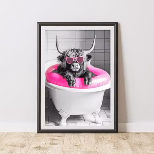 60 Second Makeover Highland Cow Pink Rubber Ring Animal Print Paper Poster, A3