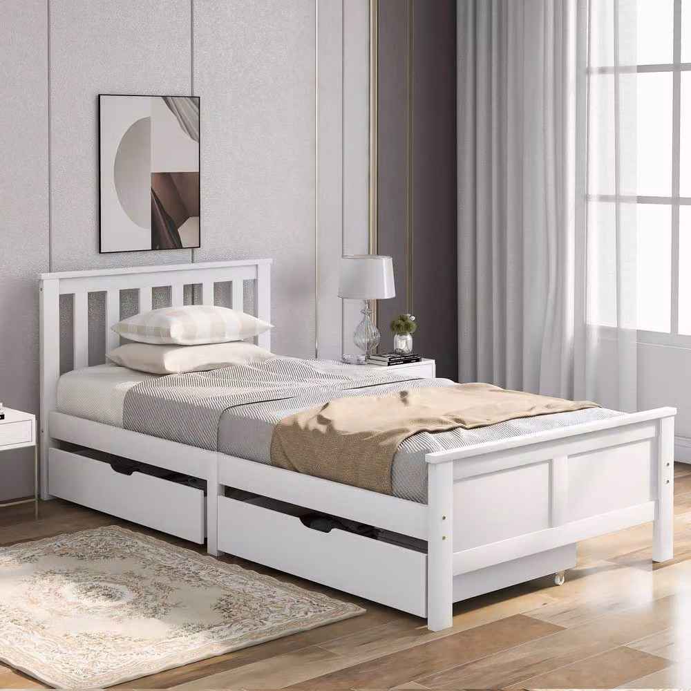 Merax Single Solid Pine Wooden Storage Bed Frame with 2 Drawers, White, W/D/H: 90 x 190 cm – 2