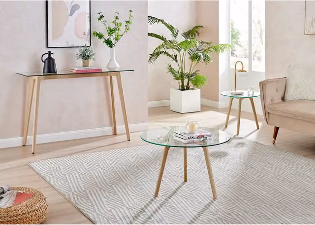 FurnitureboxUK Malmo Round Coffee Table with Transparent Glass and Beech Wood Legs