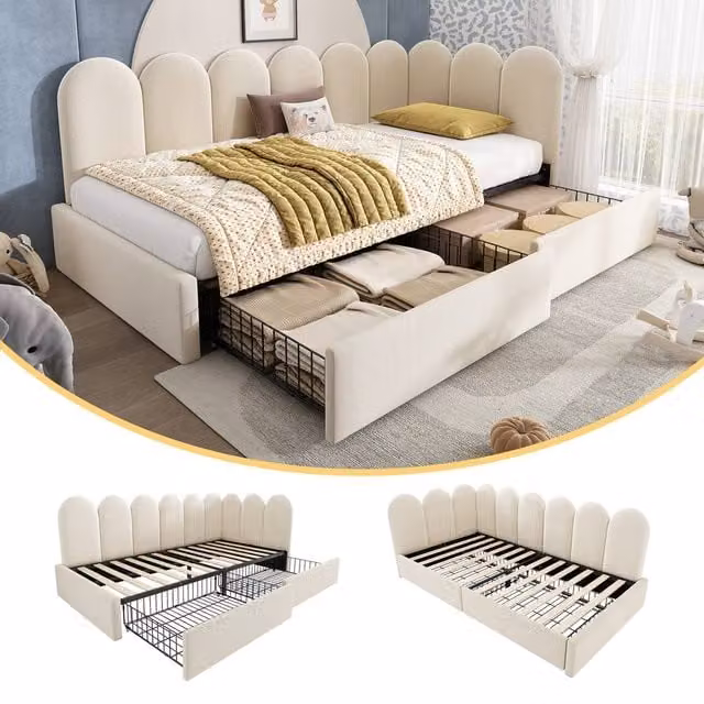 BTM Velvet Daybed with Storage Drawer in Beige, W/D/H: 190 x 90 x 76 cm