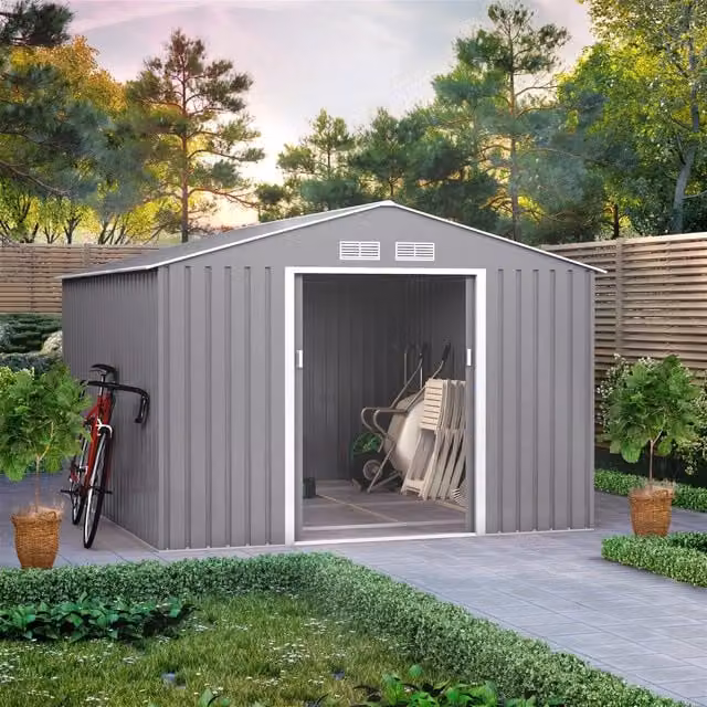 BillyOh Ranger Apex Metal Gable Shed with Foundation Kit and Sliding Doors in Grey, W: 245 cm, H: 202 cm