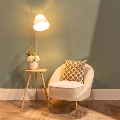 ValueLights Large Wooden Floor Lamp with White Fabric Tapered Shade, H 161 cm x W 47 cm x D 47 cm – 2