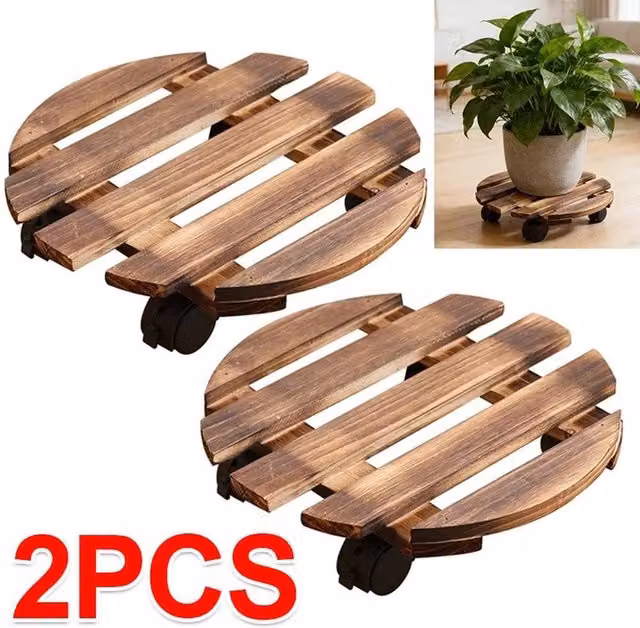 FLAVORA Heavy Duty Wooden Plant Pot Caddy Mover Trolley, 2 Pieces, Brown