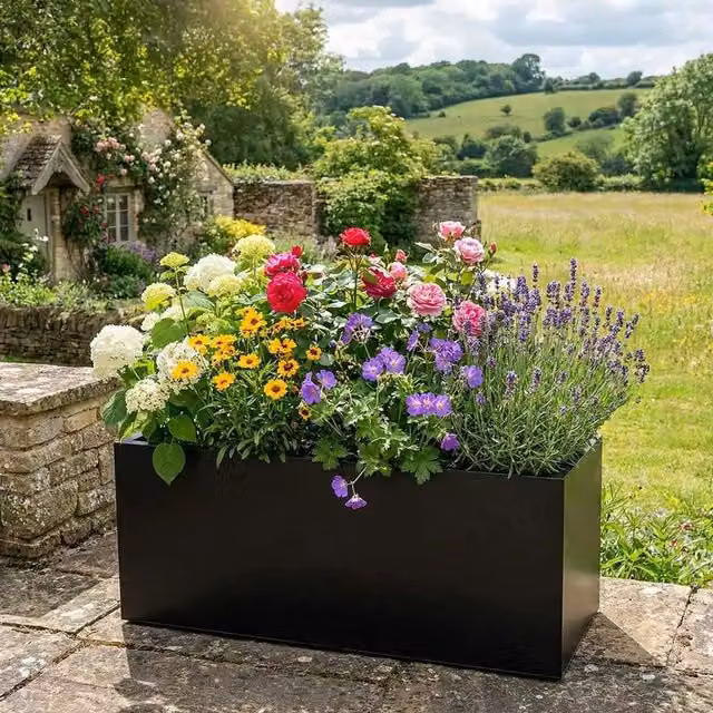 Matte Black Galvanised Steel Trough Planter Tub, 75 cm