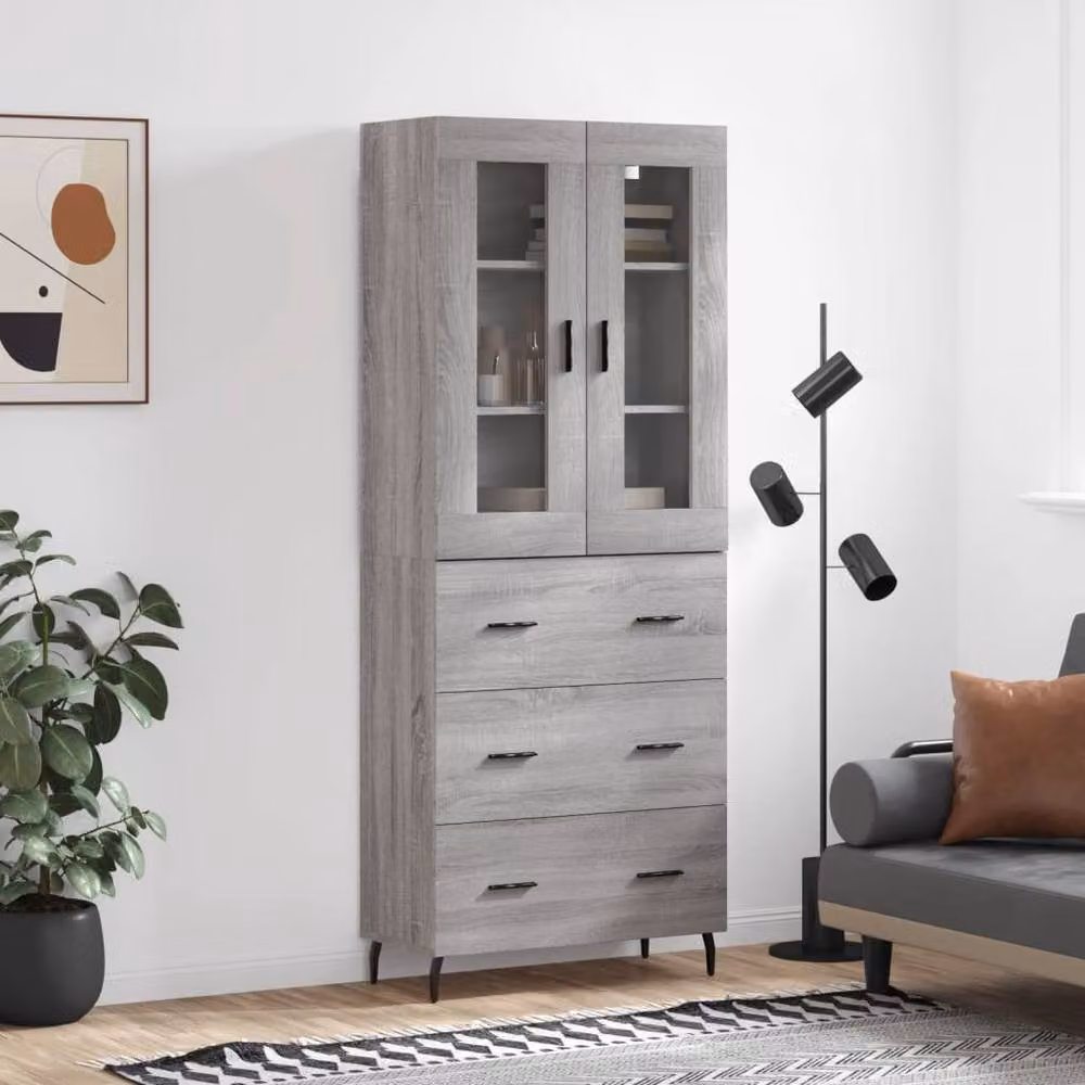 Berkfield Home Grey Sonoma Highboard with Glass Doors and Drawers, H 180 x W 69.5 x D 34 cm – 2