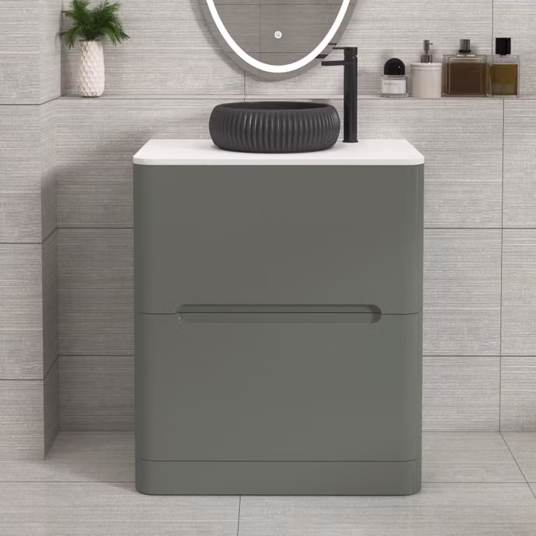 Royal Bathrooms Venice 700mm Sage Green Floor Standing Vanity Unit with 2 Drawers, Plain White Worktop and Milan Black Basin