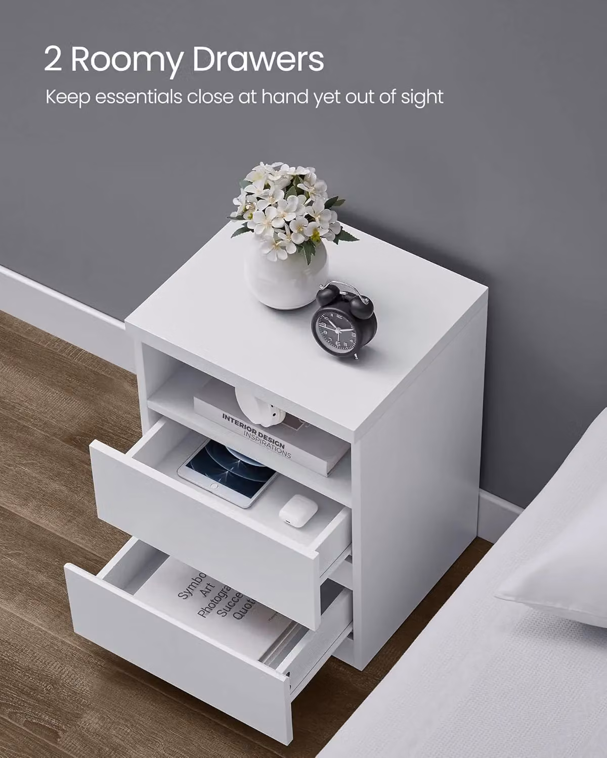 VASAGLE Set of 2 Modern Minimalist White Nightstands with Integrated LED Lighting – 3