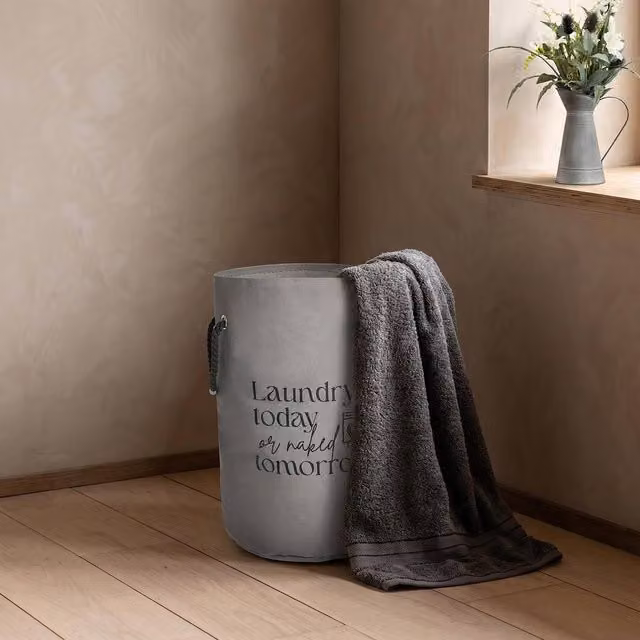 OHS Slogan Round Collapsible Fabric Laundry Hamper Bag with Rope Handles in Grey