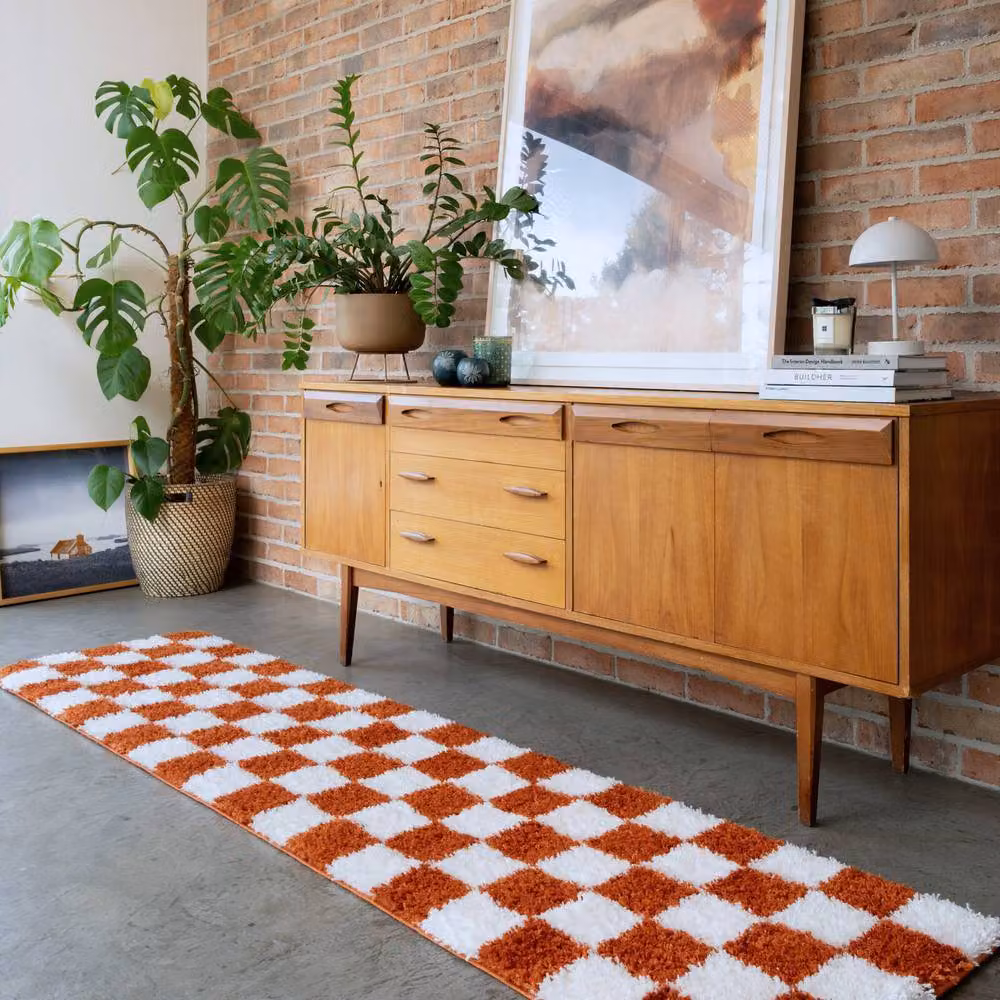 Kukoon Checkerboard Shaggy Living Room Area Rug in Terracotta, Beige and Orange, W: 280 cm, D: 380 cm – 4
