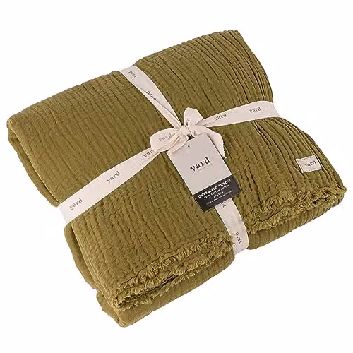 Riva Home Woven Cotton Muslin Throw with Fringes in Khaki, W/D/H: 240 x 260 cm – 2