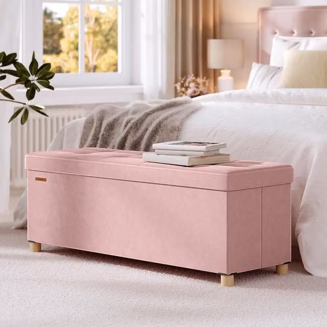 The Bazaarist Long Velvet Ottoman Storage Bench in Pink, W/D/H: 110 x 40 x 38.1 cm