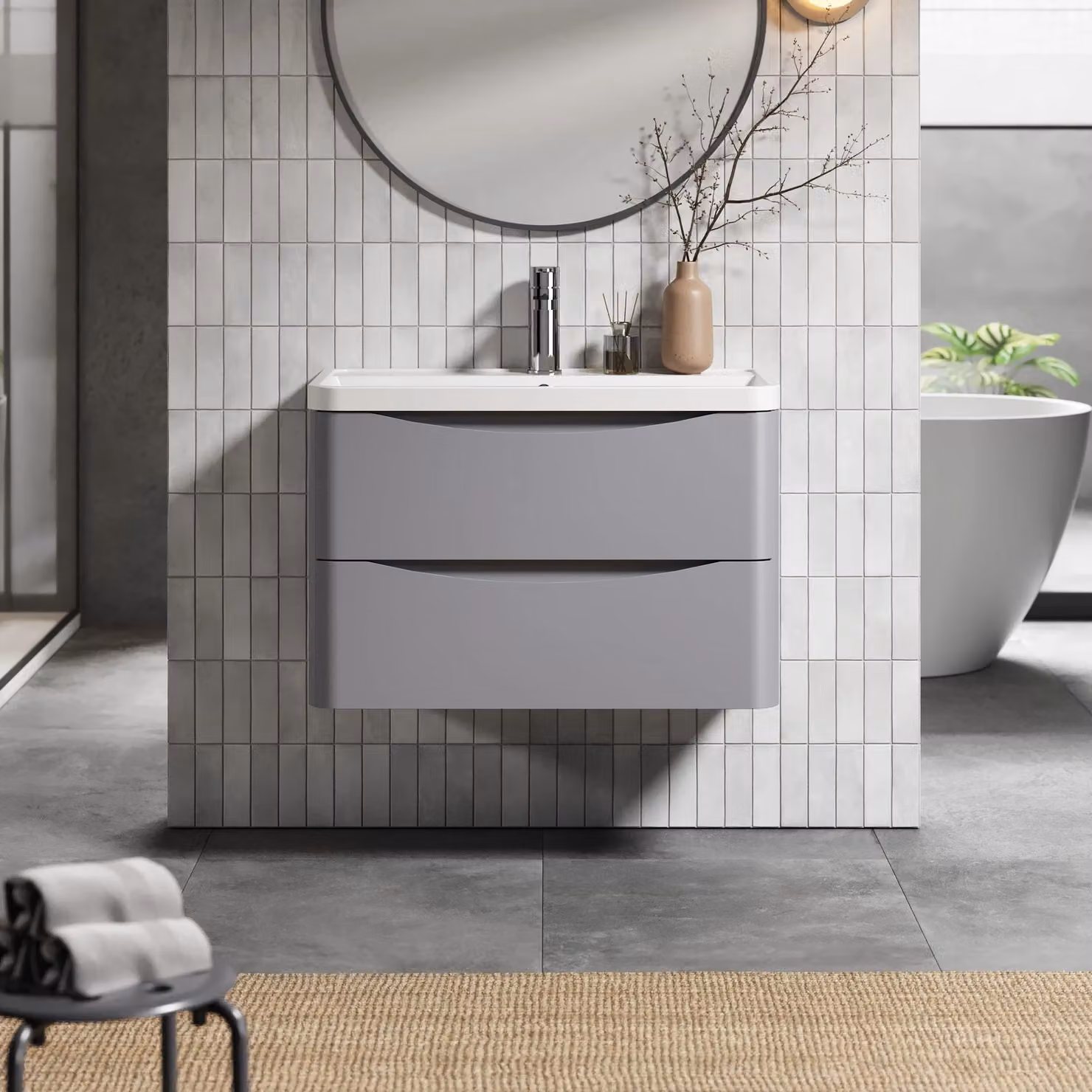 Balterley Wall Hung 2 Drawer Bathroom Vanity Unit and Basin, Satin Grey, Width: 75.5 cm – 2