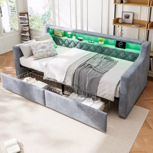 Matteo Grey Velvet Upholstered Single Daybed Sofa Bed with Under-bed Lighting and USB Charging Port W/D/H: 90 x 190 cm – 2