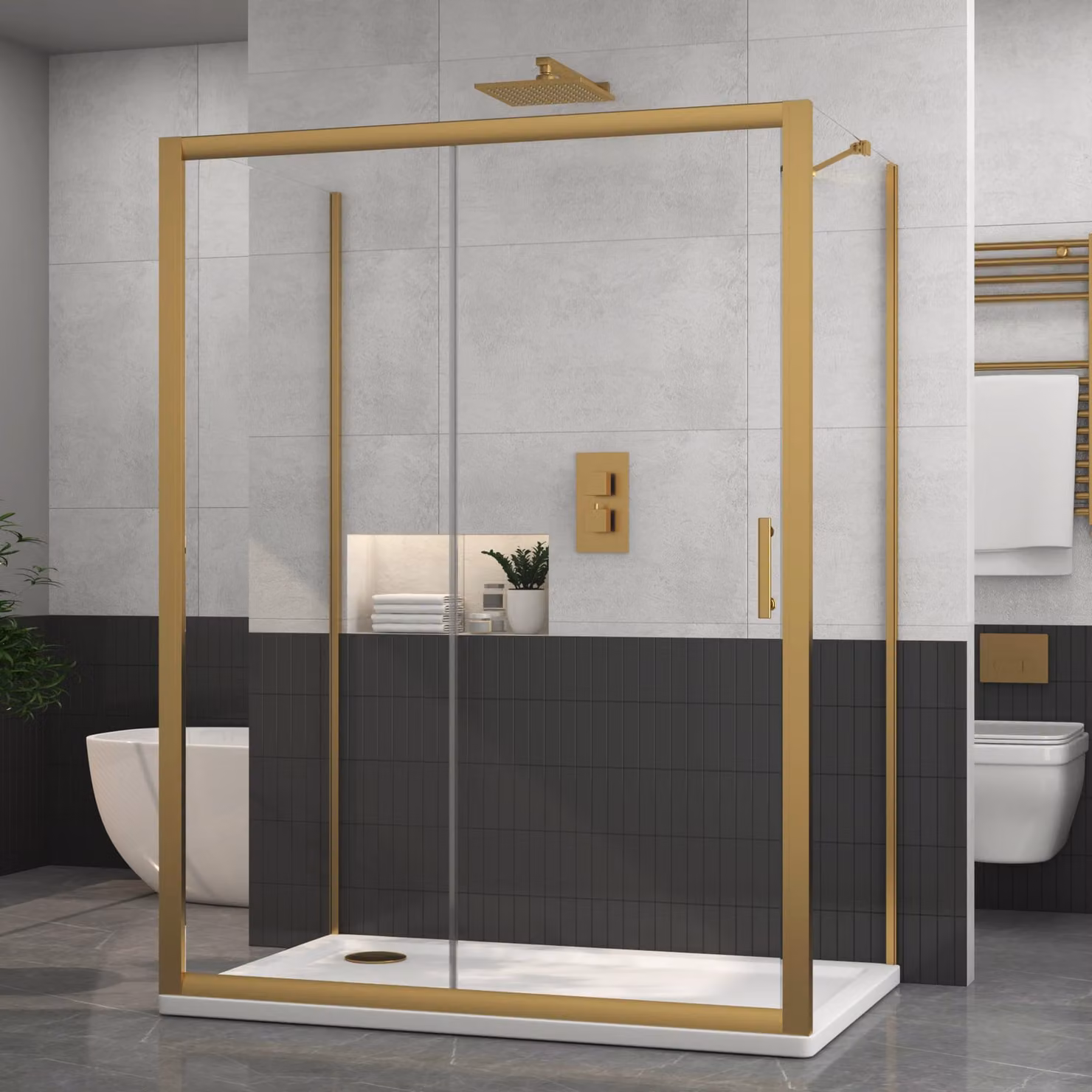 Royal Bathrooms Venice 3-Sided Rectangular Sliding Door Shower Enclosure with 6mm Glass, Brushed Brass/Gold, W: 110 cm, D: 90 cm