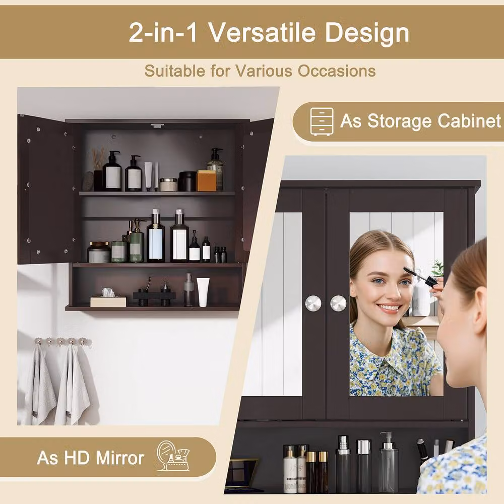 Costway Wall Mounted Brown Wooden Bathroom Medicine Cabinet with Mirror and Two Hinged Doors – 7