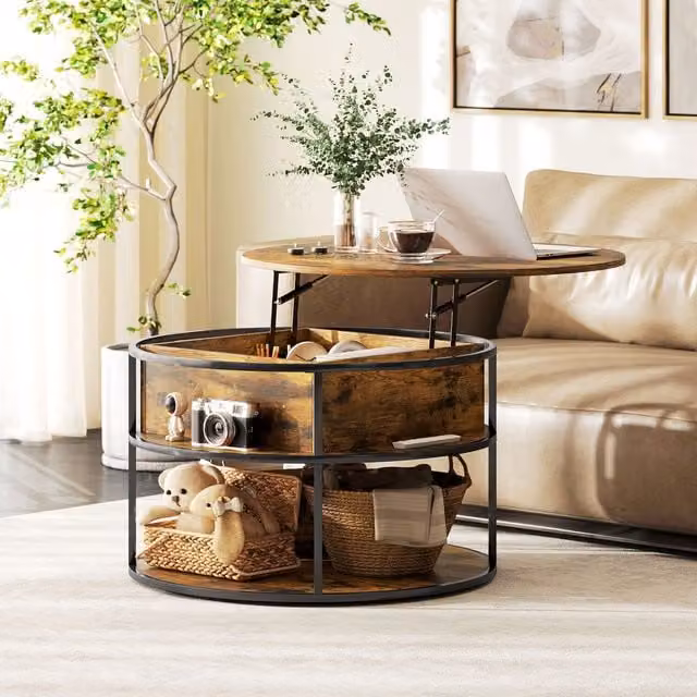 HOMCOM Modern Round Lift Top Coffee Table with Hidden Storage in Brown