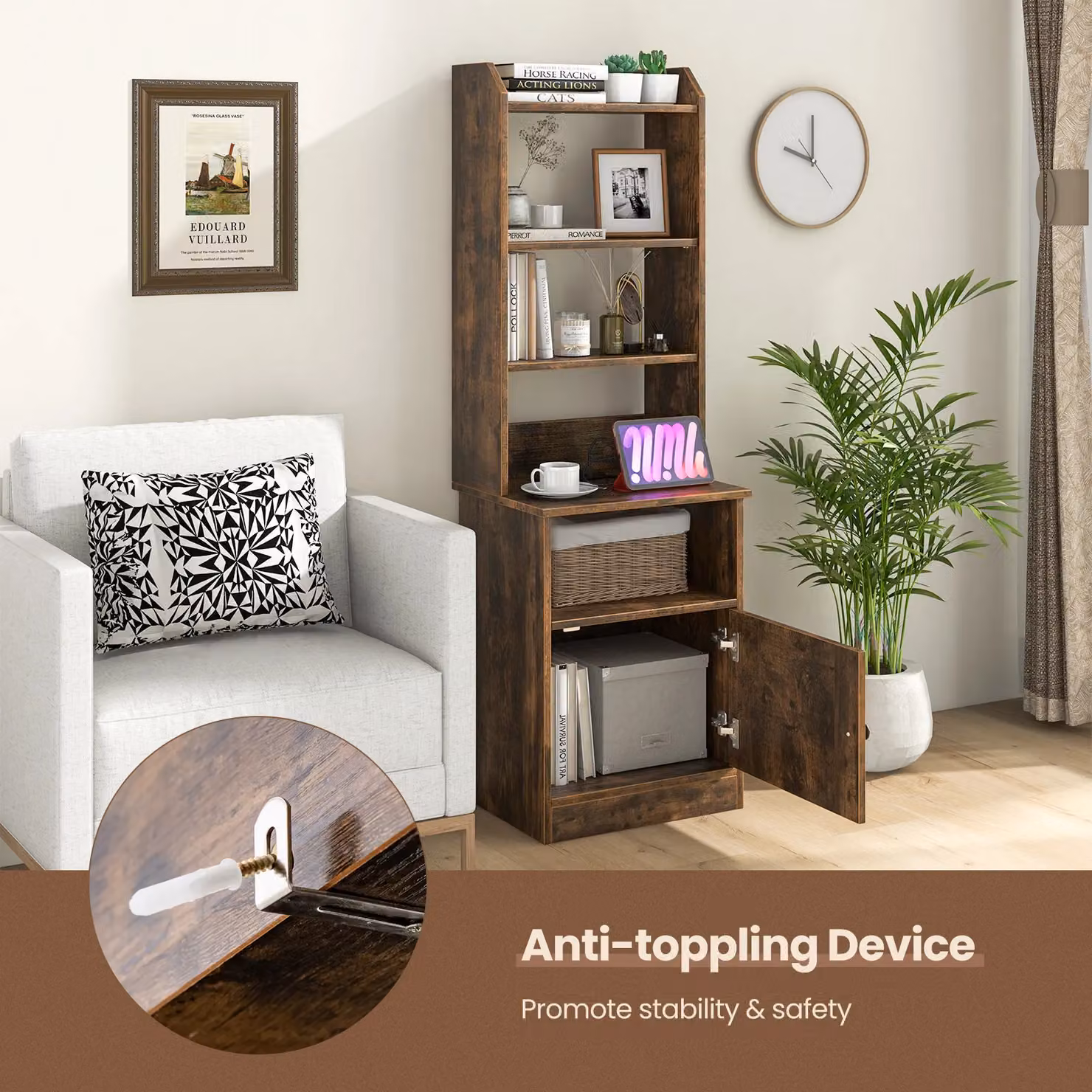 Gymax Tall Brown Nightstand with Shelves and Charging Station Grommet – 5