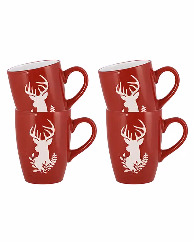 Dibor Set of 4 Red and White Reindeer Ceramic Mugs, 310ml per mug – 2