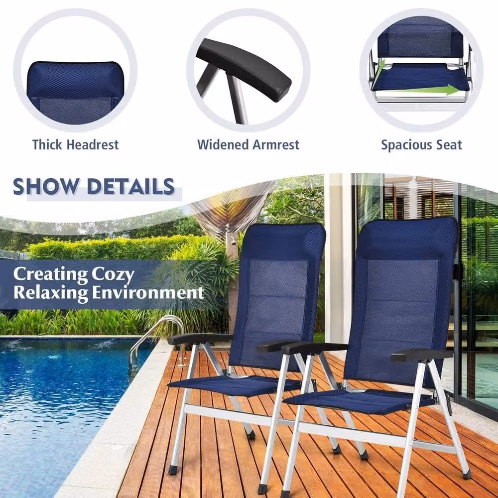 Kelvenix 2-Piece Set of Blue Folding Patio Chairs with Armrests and 7-Position Angle Adjustment – 3