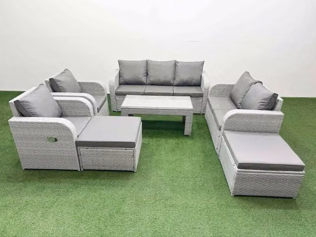 Fimous Grey PE Rattan Garden Furniture Set with 2 Seater Sofa, 2 Adjustable Chairs, Rectangular Coffee Table and 2 Footstools